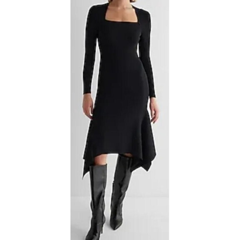 Express Women's Long Sleeve Ribbed Asymmetrical Hem Sweater Dress - Black - XS